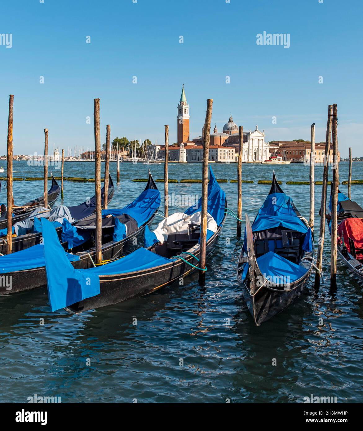 Gondole e Chiesa di San Giorgio maggiore, Venezia, Italia Foto Stock