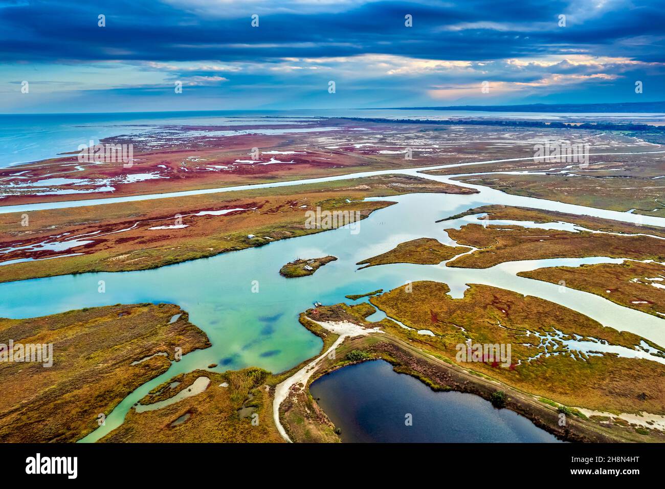 Il Delta del fiume Aliakmon ('Haliacmon') dall'alto. PIERIA, Macedonia centrale, Grecia. Foto Stock