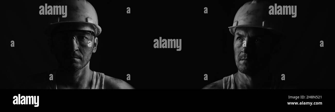 Banner con un'immagine in bianco e nero di due minatori in un casco e occhiali Foto Stock