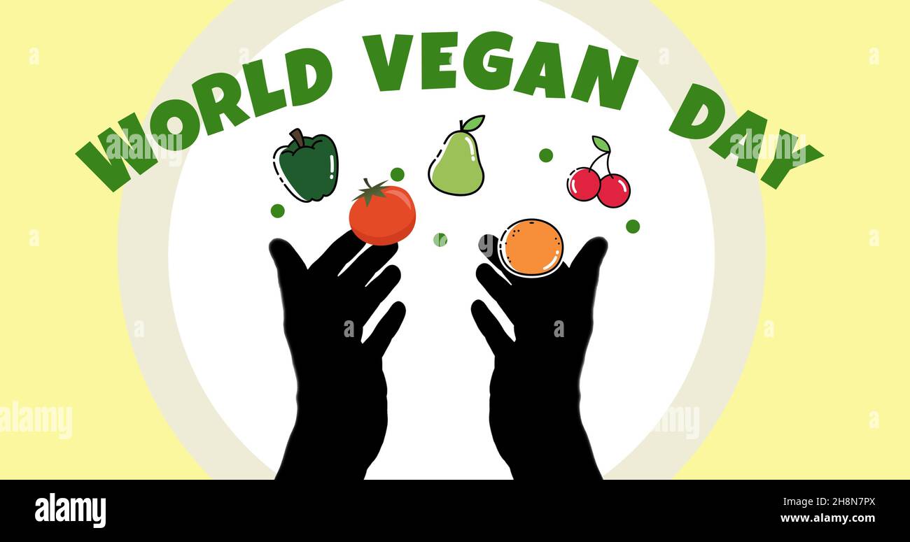 Composito digitale della giornata vegana mondiale con le mani che giocolano frutta e verdura Foto Stock