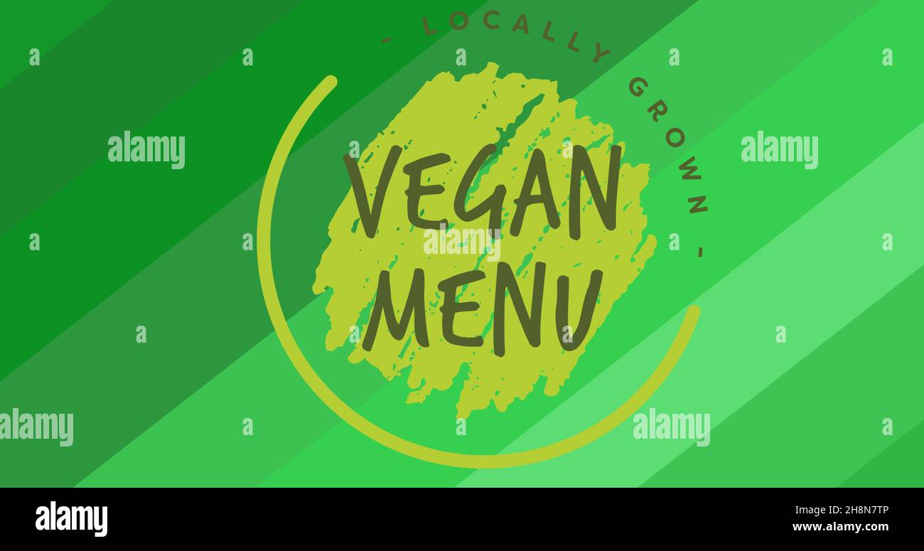 Immagine composita digitale del testo del simbolo del menu vegano cresciuto localmente su sfondo astratto Foto Stock