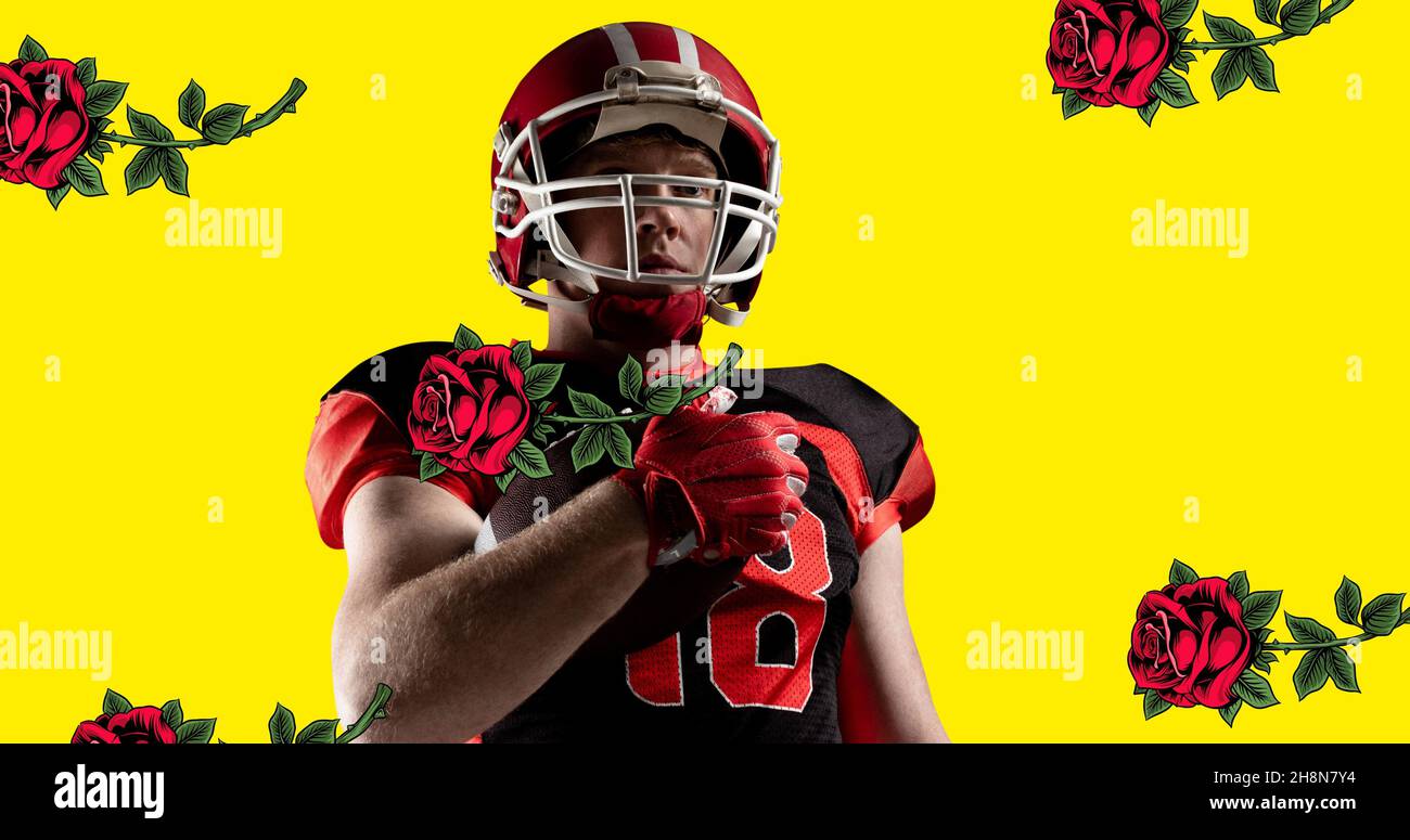 Immagine composita digitale del giovane uomo in abbigliamento da calcio americano che tiene la palla tra le rose cadenti Foto Stock