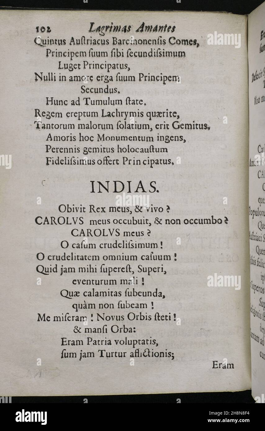 Morte di Carlo II di Spagna (1661-1700). Lacrime d'amore, versate dall'eminente città di Barcellona... nei magnifici rituali di lutto dedicati all'amata e venerata memoria del suo defunto Re e Signore, don Carlos II ('Lagrimas amantes de la excelentissima ciudad de Barcelona, con que agradecida a las reales finezas y beneficos, Demuestra su amor y su dolor, en las magnificas exequas que celebró a las amadas y venerables memorias de su difunto Rey y Señor, D. Carlos II'). Di Josep Rocaberti. Edizione a Barcellona, nella stampa di Juan Pablo Marti, di Francisco Barnola, 1701. Istor Foto Stock