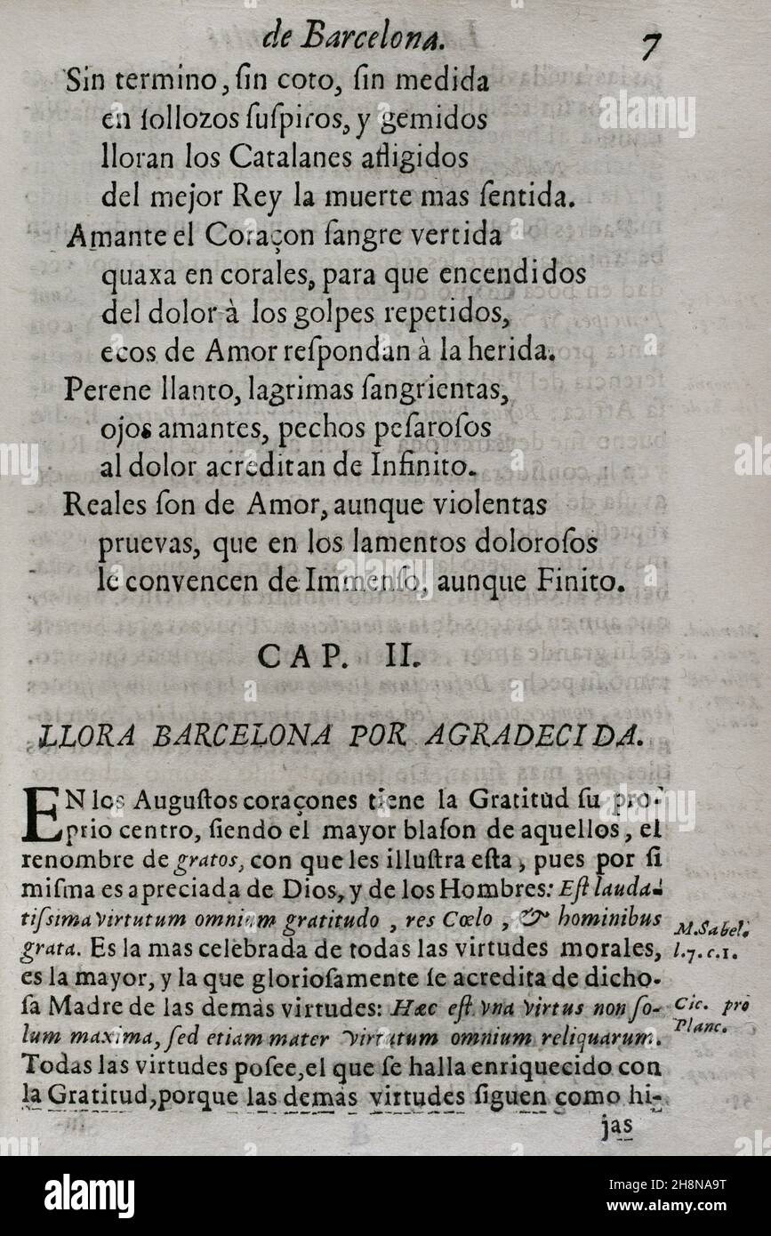 Morte di Carlo II di Spagna (1661-1700). Giorni ufficiali di lutto nella città di Barcellona. Lacrime d'amore, versate dall'eminente città di Barcellona... nei magnifici rituali di lutto dedicati all'amata e venerata memoria del suo defunto Re e Signore, don Carlos II ('Lagrimas amantes de la excelentissima ciudad de Barcelona, con que agradecida a las reales finezas y beneficos, Demuestra su amor y su dolor, en las magnificas exequas que celebró a las amadas y venerables memorias de su difunto Rey y Señor, D. Carlos II'). Di Josep Rocaberti. Edizione a Barcellona, nella stampa di Foto Stock