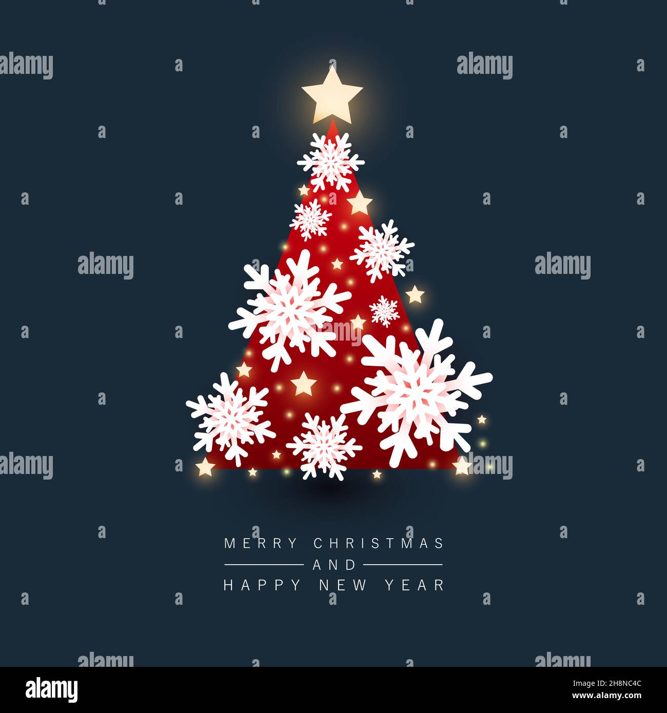 2022 buon Natale e buon anno carta banner vacanza. Albero invernale di Natale con sfondo fiocco di neve colorato. Illustrazione Vettoriale