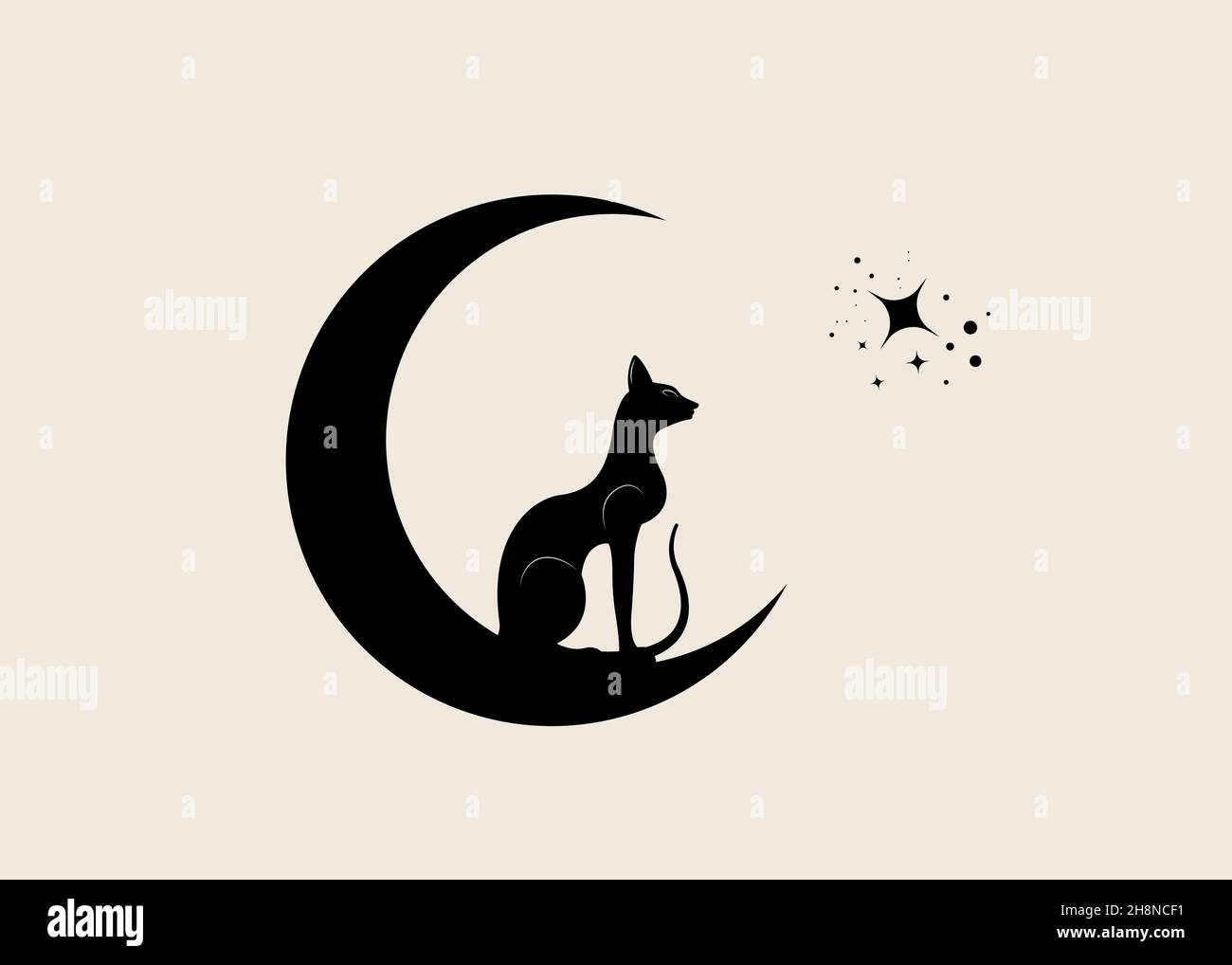 Gatto nero egiziano seduto sulla luna crescente, guarda le stelle. Logo Alchemy Wicca simbolo, stile boho, tatuaggio icona. Illustrazione vettoriale isolata Illustrazione Vettoriale