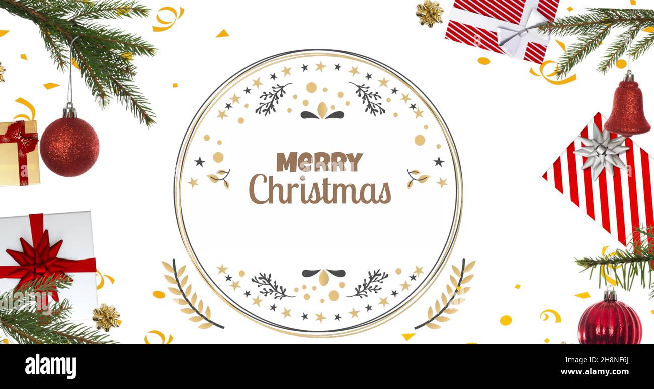Immagine del saluto della stagione natalizia sulle decorazioni natalizie Foto Stock