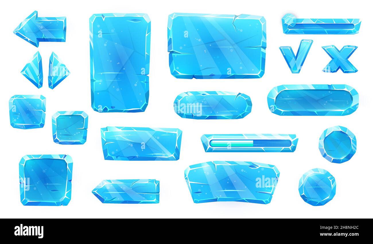 Pulsanti in cristallo di ghiaccio, piastre di scorrimento e frecce con i tasti delle risorse di gioco. Interfaccia vettore del pannello utente. Icone ICE blu cartoon per i pulsanti UI e GUI, MOB Illustrazione Vettoriale