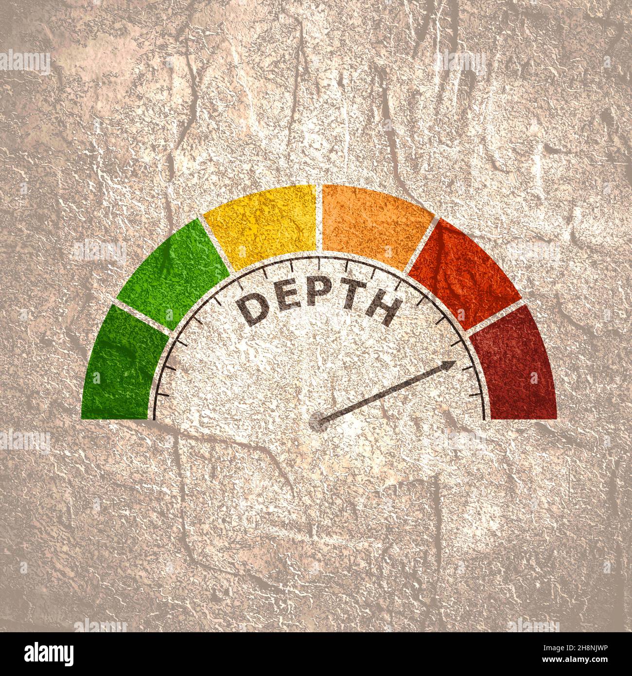 Scala di colori con freccia da rosso a verde. L'icona del dispositivo di misurazione. Indicatore del livello di profondità. Elemento indicatore infografico colorato Foto Stock