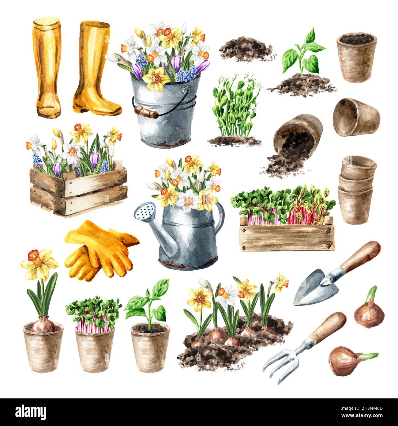 Set da giardinaggio. Opere di primavera nel concetto di giardino. Illustrazione di acquerello disegnata a mano isolata su sfondo bianco Foto Stock