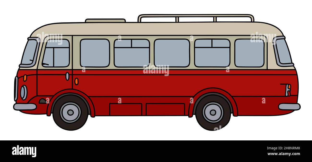 Disegno a mano di un vecchio autobus rosso e crema Foto Stock