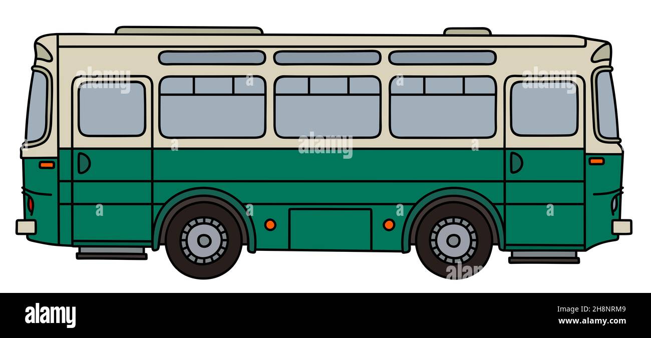 Disegno a mano di un vecchio autobus verde e crema Foto Stock
