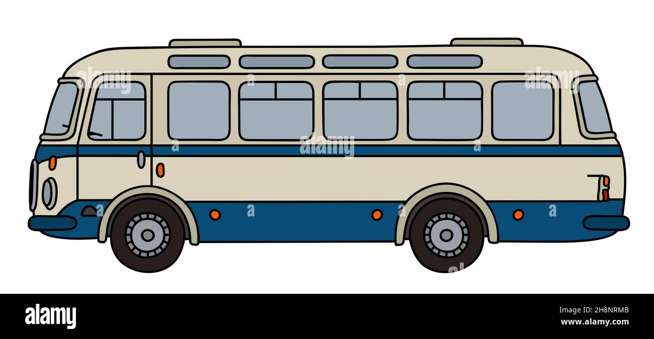 Disegno a mano di un classico autobus blu e crema Foto Stock