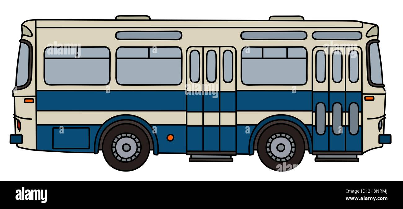 Disegno a mano di un classico autobus blu e bianco Foto Stock