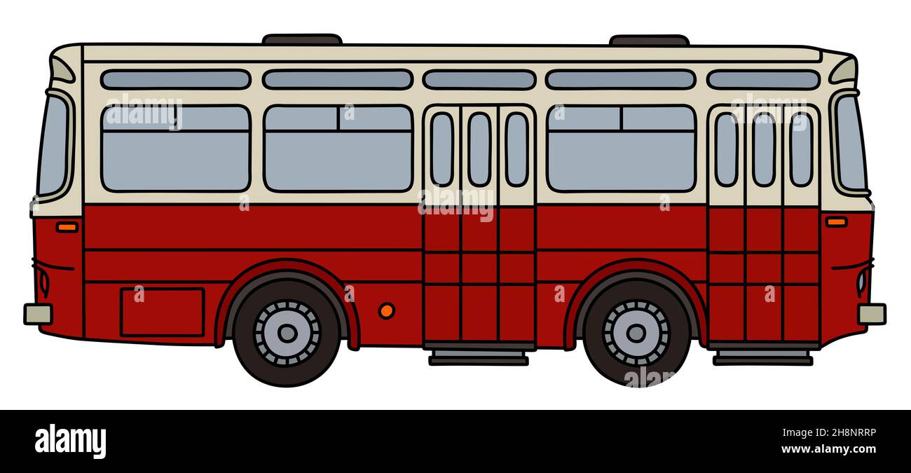 Disegno a mano di un classico autobus di linea rosso scuro e crema Foto Stock