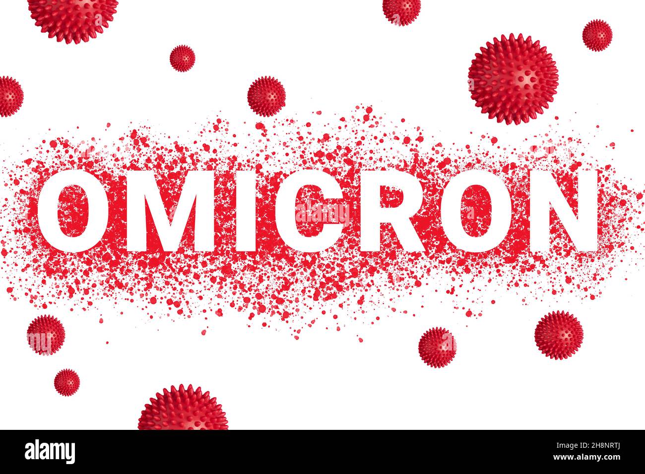 Variante Omicron di COVID. Nuovo ceppo di coronavirus. Texte sur OMICRON on red splash line with simbolico virus strains on white Foto Stock