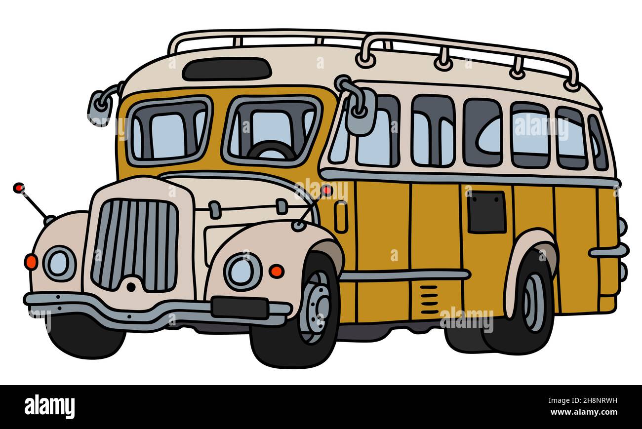 Disegno a mano di un vintage autobus giallo e crema Foto Stock
