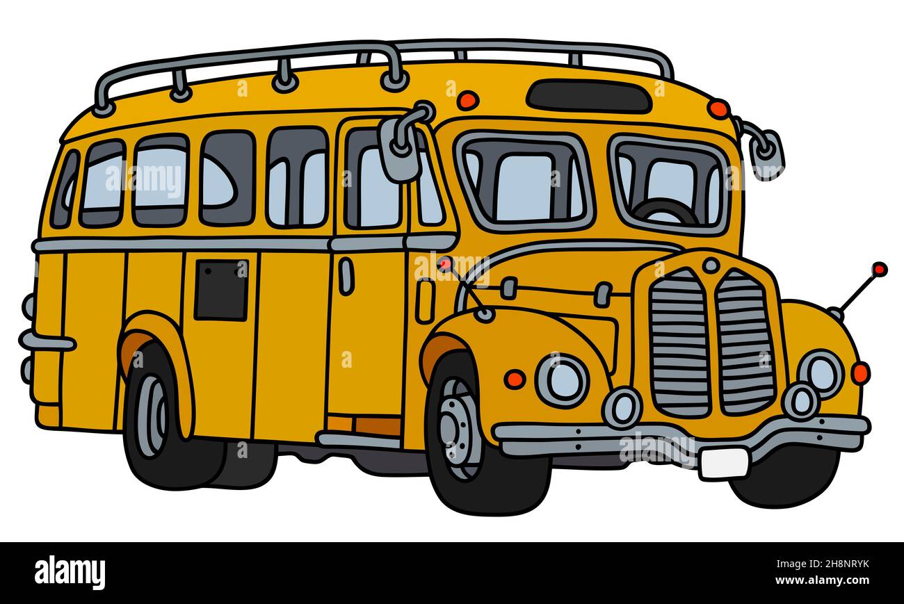Disegno a mano di un autobus scolastico giallo d'epoca Foto Stock