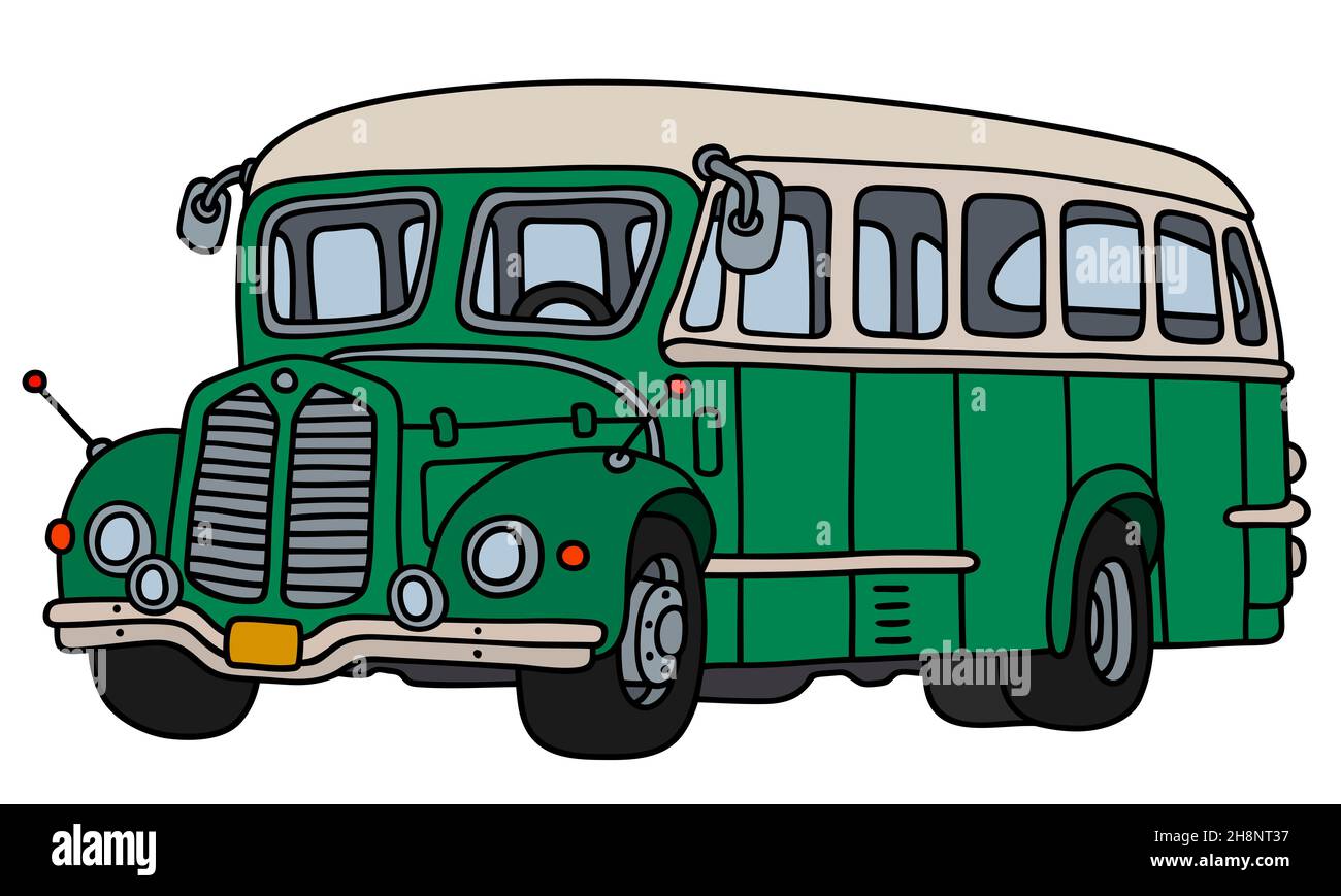 Disegno a mano di un autobus verde e crema vintage Foto Stock