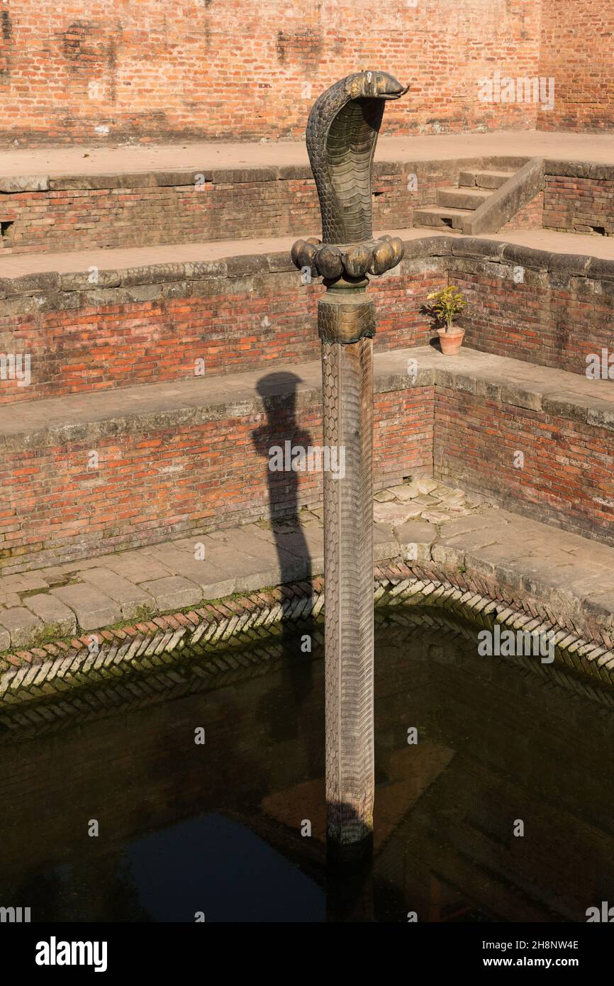 Un Naga di bronzo nel bagno reale di Naga Pokhari in Piazza Durbar nella città medievale di Newar di Bhaktapur, Nepal. La Naga è una creatura semi-divina in H. Foto Stock