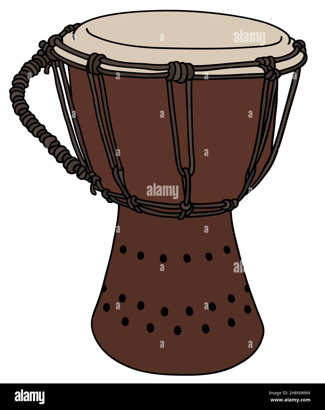 Disegno a mano di un classico tamburo di legno di etno Foto Stock