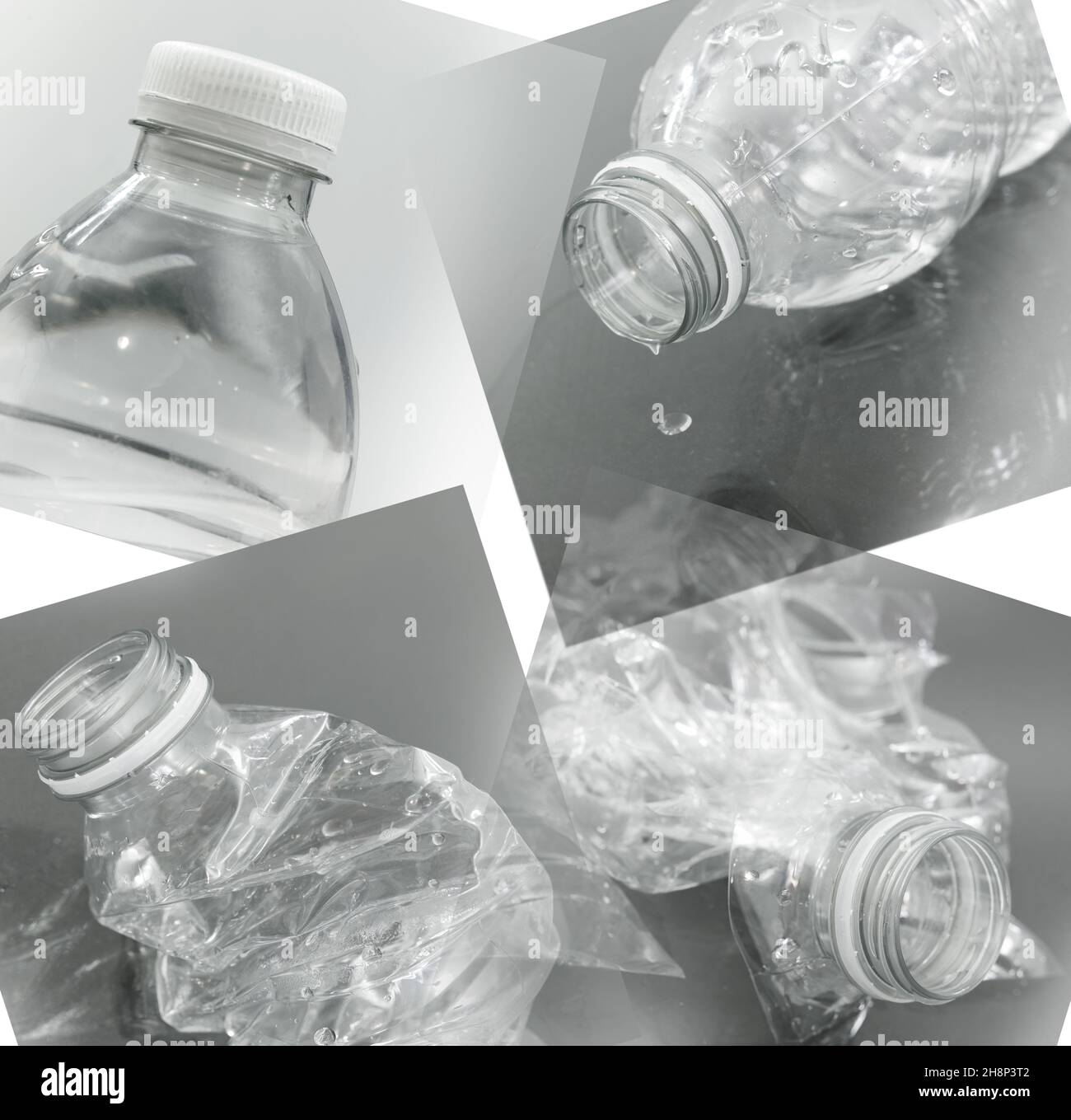 Il normale ciclo di vita di una bottiglia d'acqua illustrata con 4 vetrini. Foto Stock
