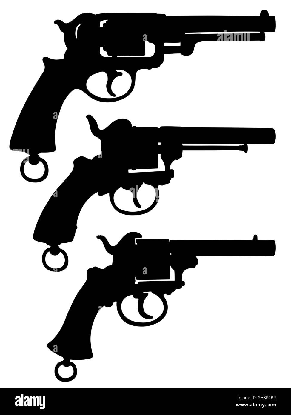 Disegno a mano di silhouette nere di tre revolver militari d'epoca Foto Stock