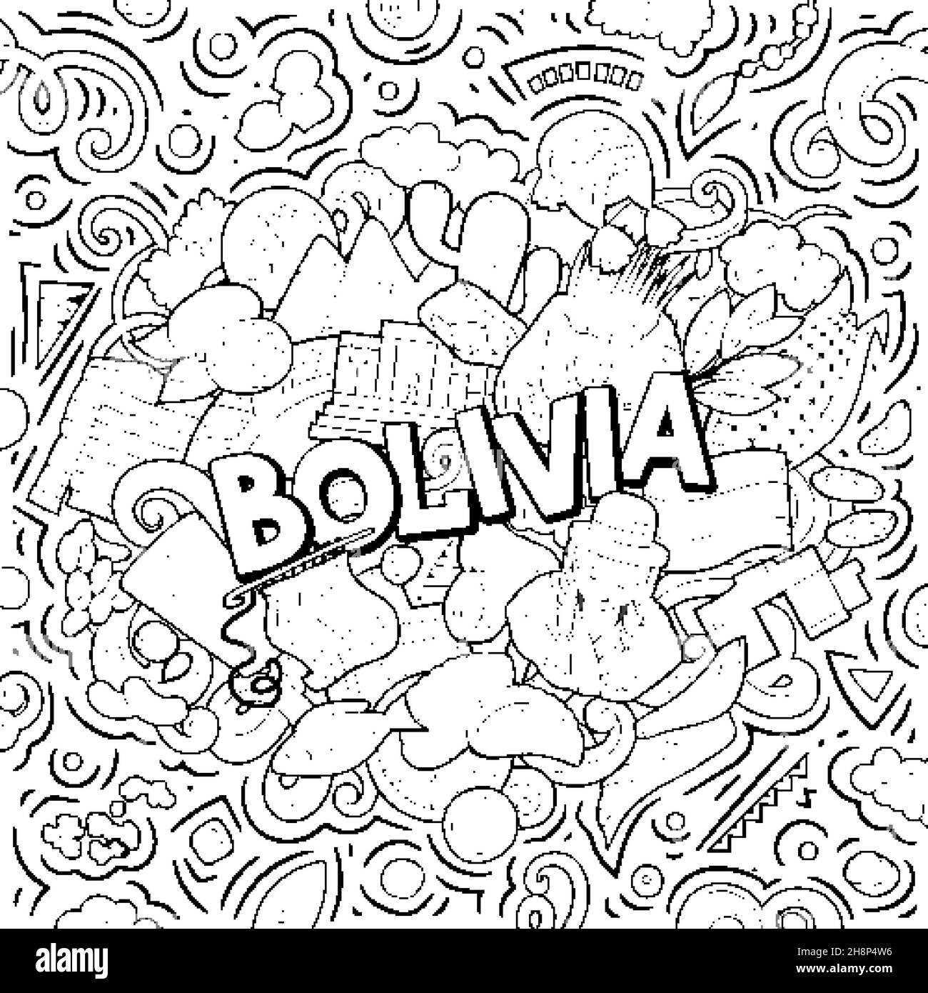 Bolivia disegno a mano cartoon doodle illustrazione. Divertente design locale. Illustrazione Vettoriale