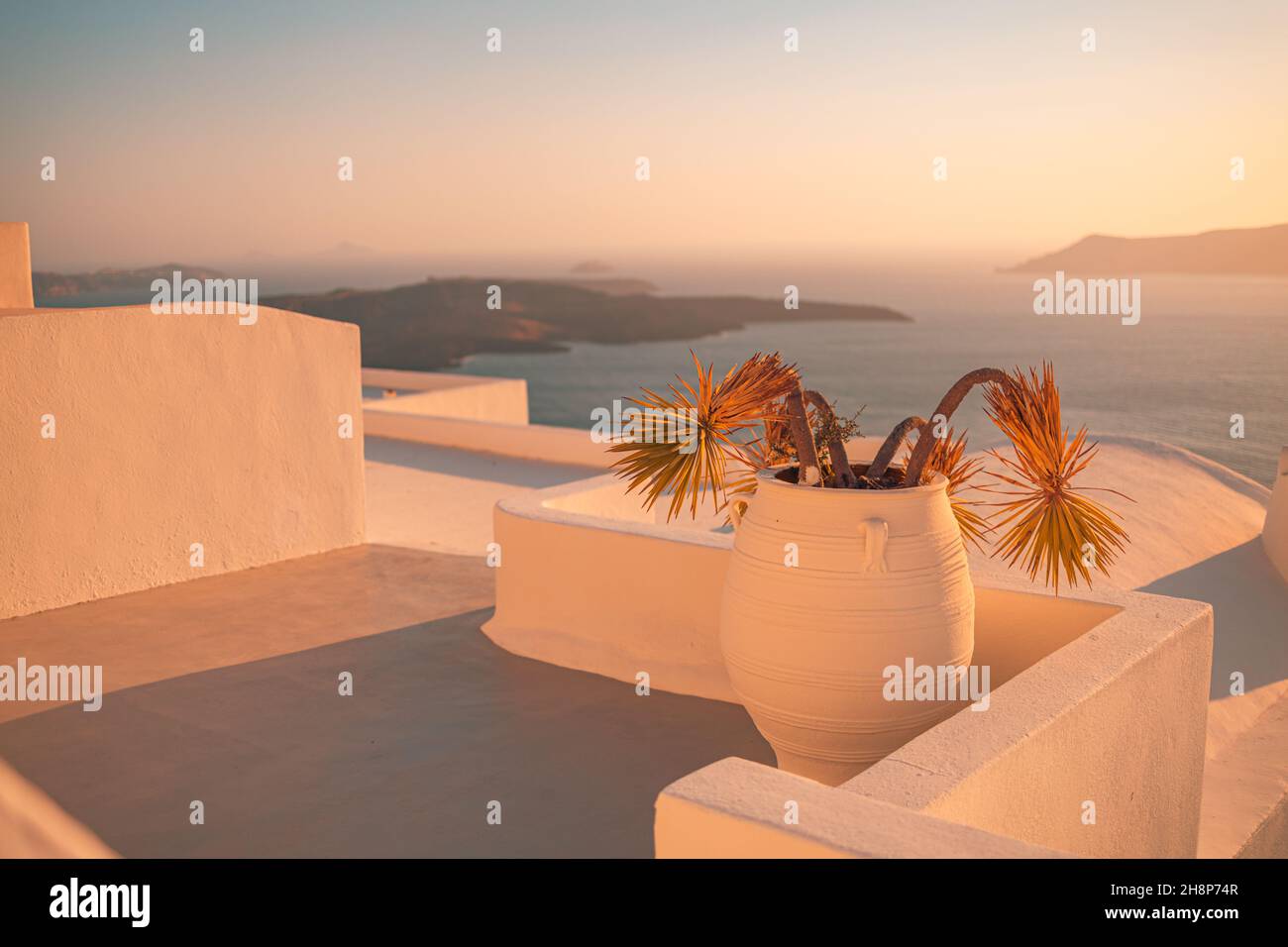 Vista del tramonto sull'isola di Santorini. Dettagli architettonici, famosa destinazione di viaggio, vista astratta da vicino delle strade in calda luce del tramonto. Piante di palma Foto Stock