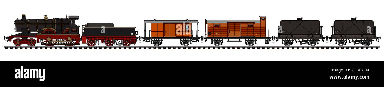 Disegno a mano di un treno a vapore vintage per il trasporto merci Foto Stock
