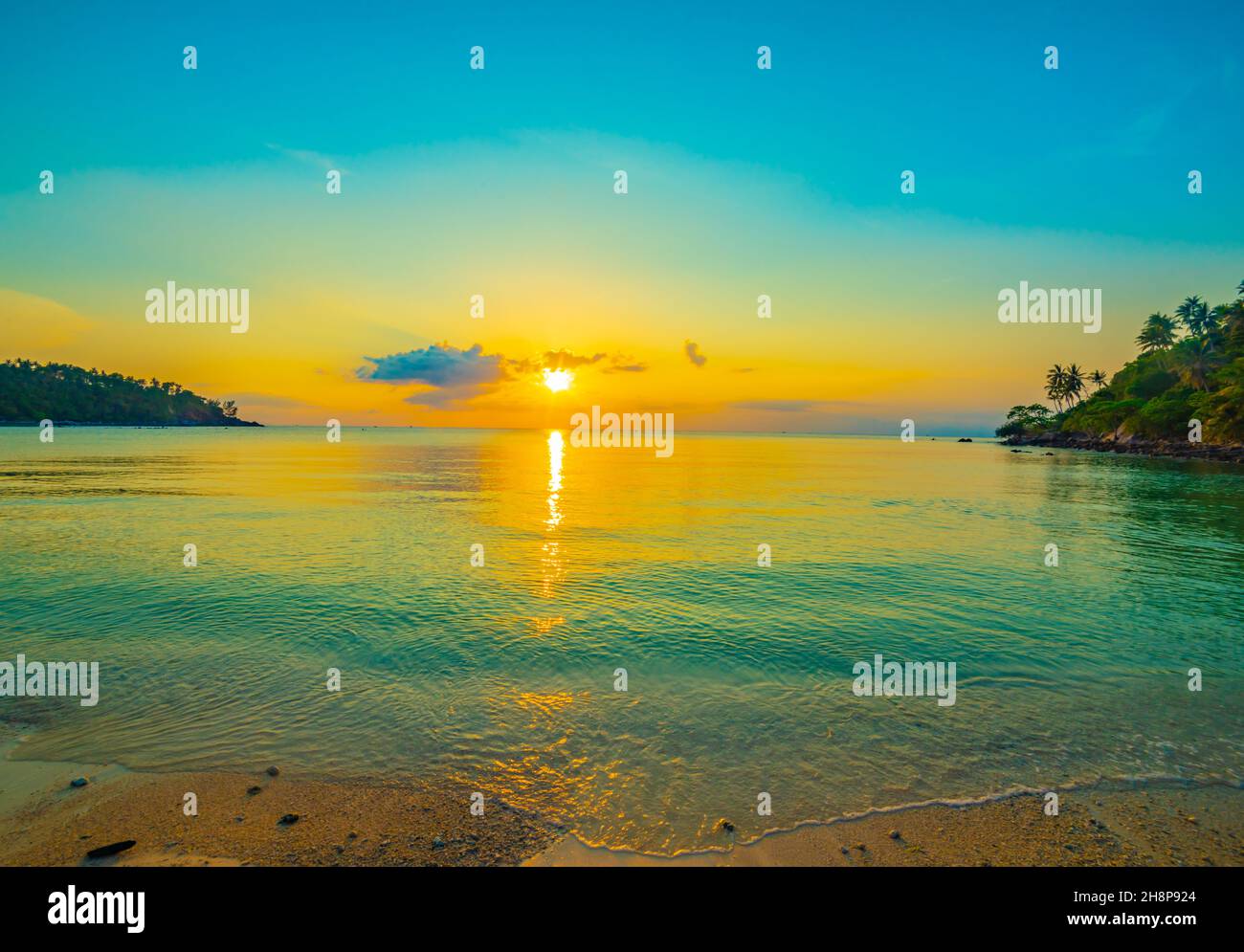 Palme da cocco sulla spiaggia di sabbia in tropico sul tramonto. Della Thailandia Foto Stock