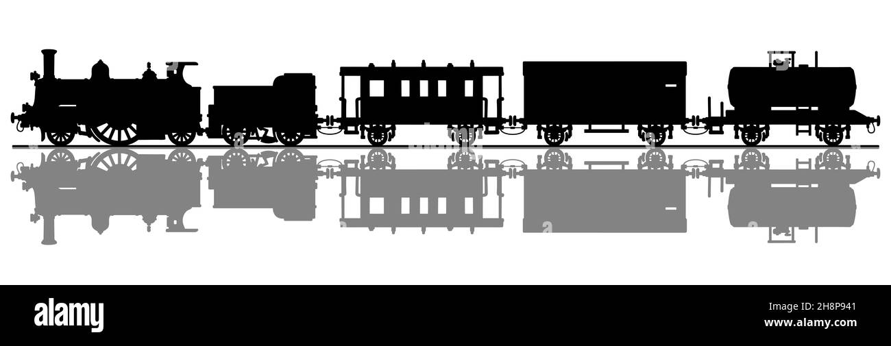 Disegno a mano di una silhouette nera del treno a vapore vintage Foto Stock