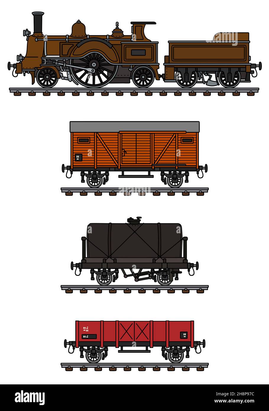 Disegno a mano di un treno a vapore vintage per il trasporto merci Foto Stock