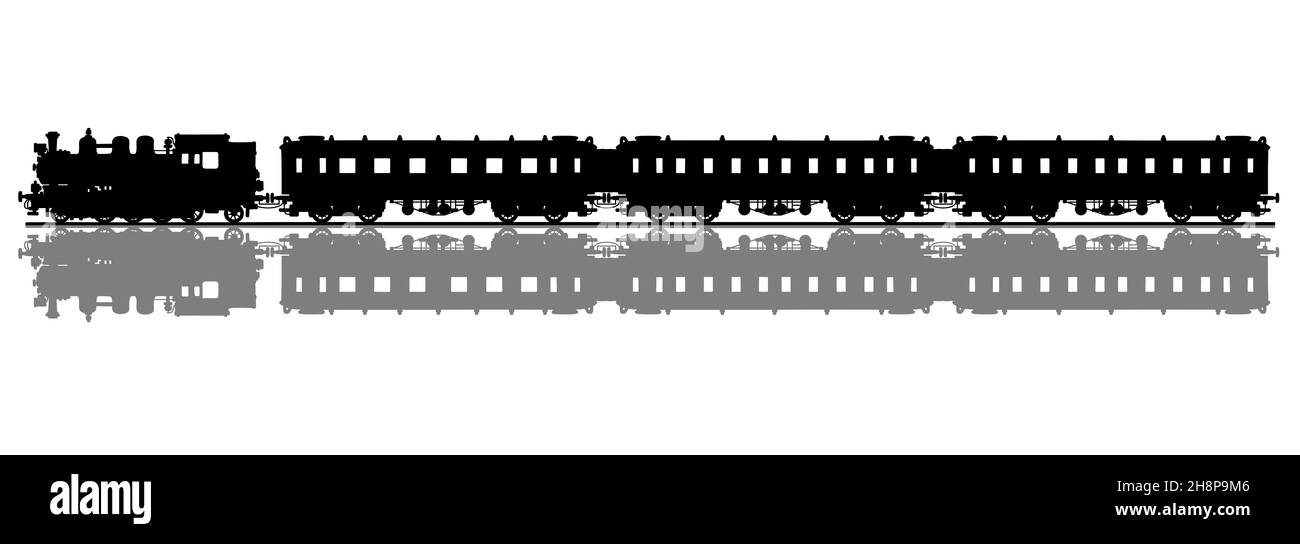 Disegno a mano di una silhouette nera di un classico treno a vapore con un'ombra grigia Foto Stock
