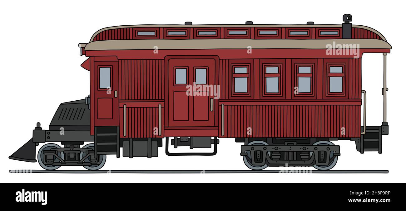 Disegno a mano di un piccolo treno passeggeri a motore rosso scuro d'epoca Foto Stock