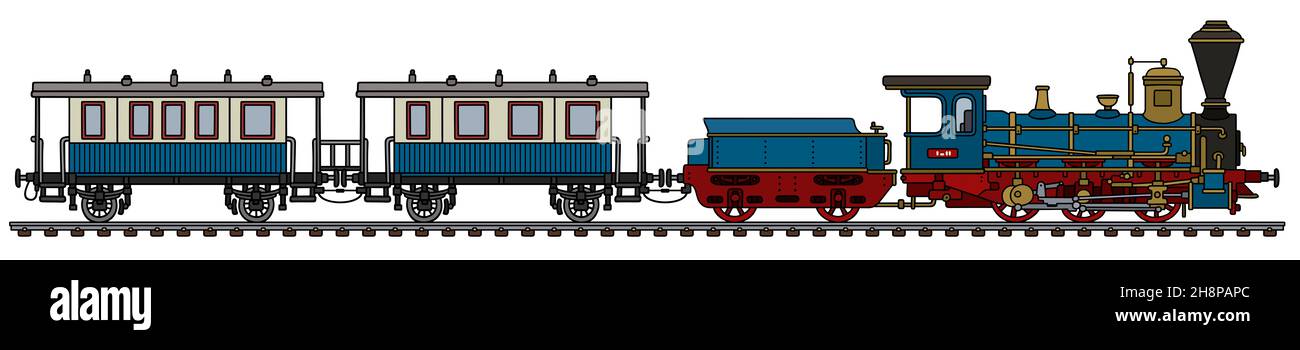Disegno a mano di una locomotiva a vapore blu d'epoca e di due vagoni passeggeri Foto Stock