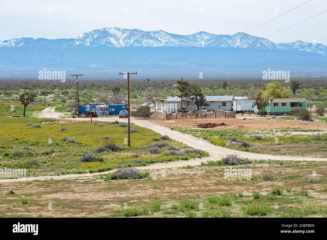 Piccola fattoria sulla campagna di fronte alle montagne di San Gabriel / Sierra de San Gabriel, Los Angeles contea, California, Stati Uniti / Stati Uniti d'America Foto Stock