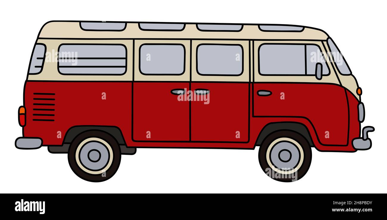 Disegno a mano di un classico minibus rosso e bianco Foto Stock