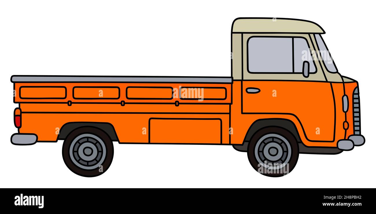 Disegno a mano di un piccolo camion di consegna arancione e crema Foto Stock