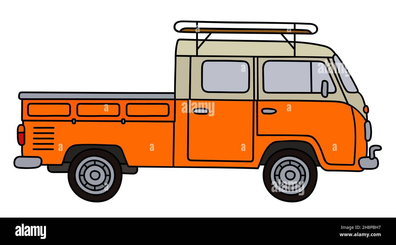 Disegno a mano di una vettura di consegna a doppia cabina retro arancione Foto Stock