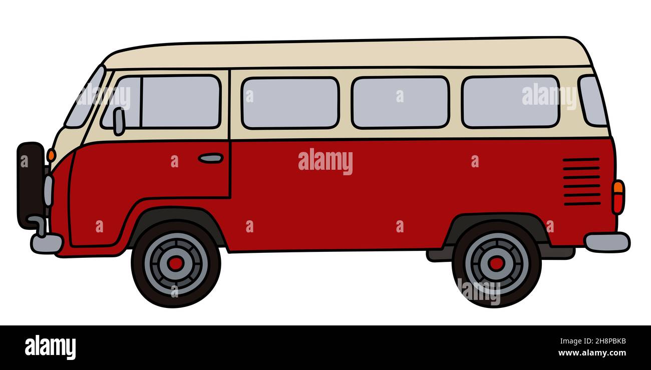Disegno a mano di un classico minibus rosso e crema Foto Stock