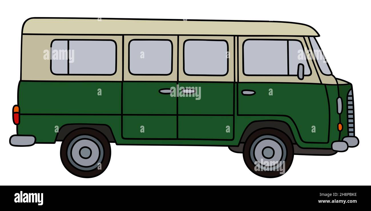 Disegno a mano di un minibus retrò verde e crema Foto Stock