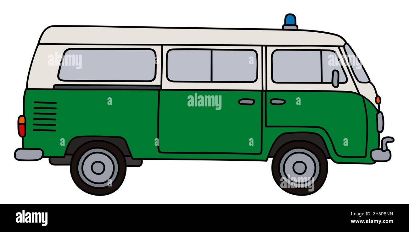 Disegno a mano di un classico minivan di polizia verde e bianco Foto Stock