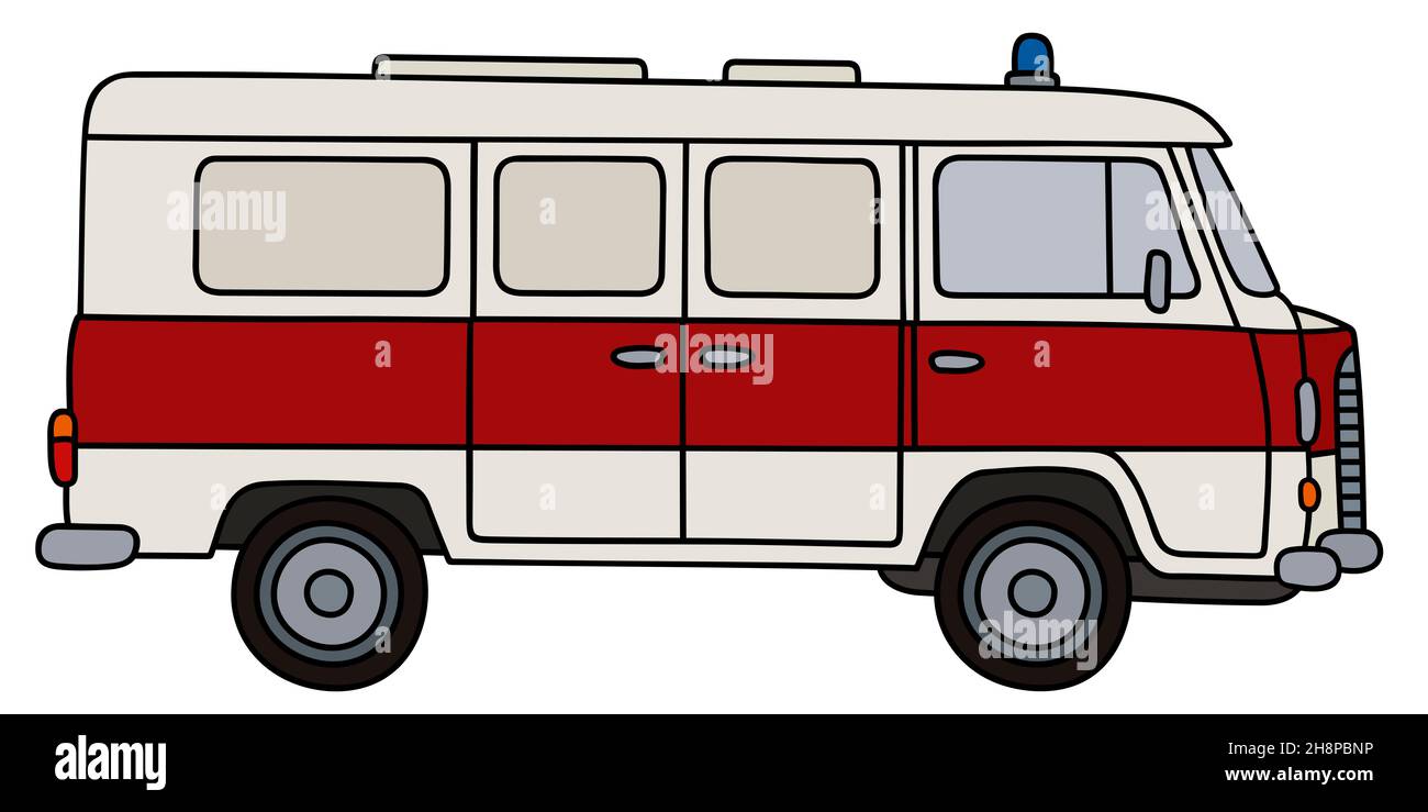 Disegno a mano di un minivan retro ambulanza Foto Stock