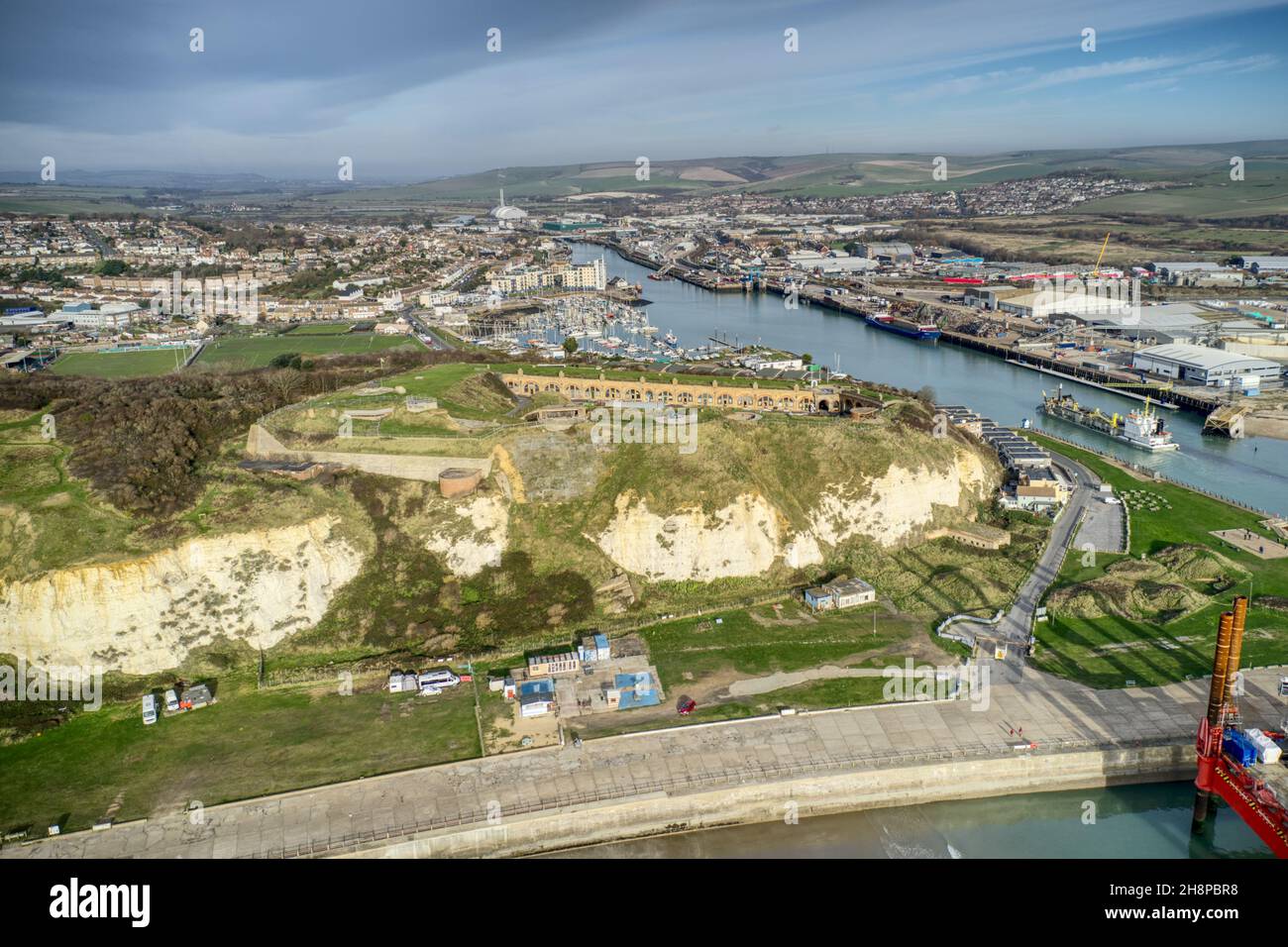 Foto aerea del Forte di Newhaven con vista sull'ingresso di Newhaven e del fiume Ouse. Foto Stock