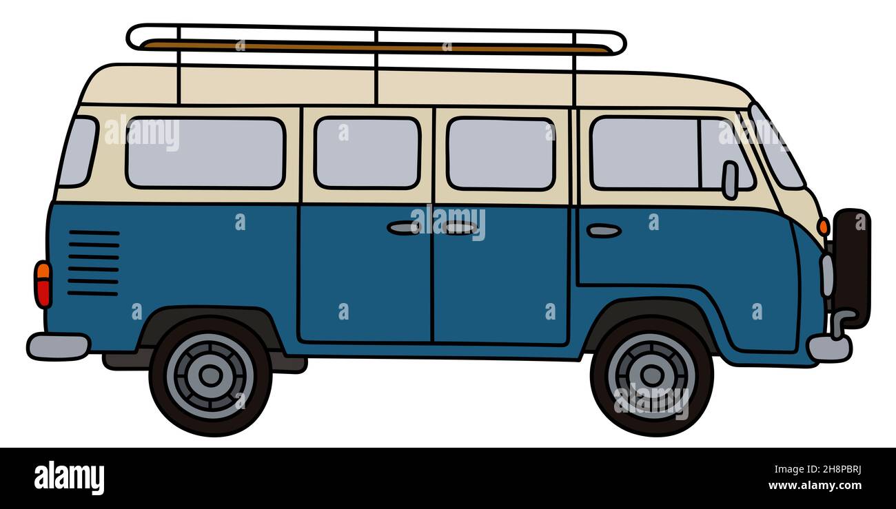 Disegno a mano di un classico minibus blu e bianco Foto Stock