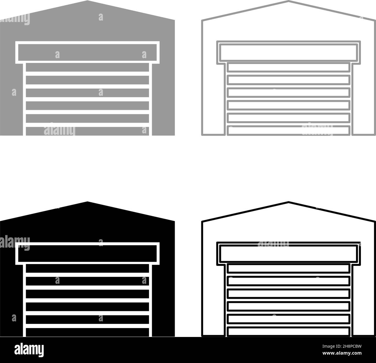 Porta garage per auto Roller shutter hangar magazzino set icona grigio nero colore vettoriale immagine semplice piatto stile pieno contorno Illustrazione Vettoriale