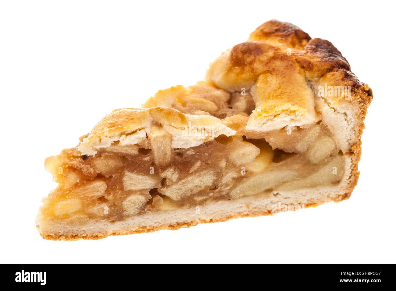 Una fetta singola di torta di mele isolata su una torta bianca di fondo, all'interno, al forno, gustare, cuocere, pasto, dessert Foto Stock