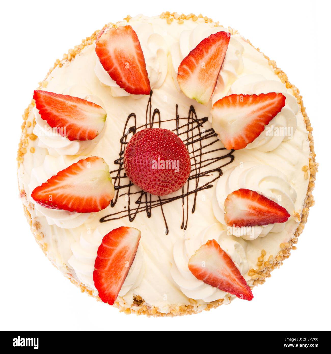 Torta di fragole dall'alto su sfondo bianco torta di fragole, torta, frutta, torta di fragole, rosso, fragole, montate Foto Stock