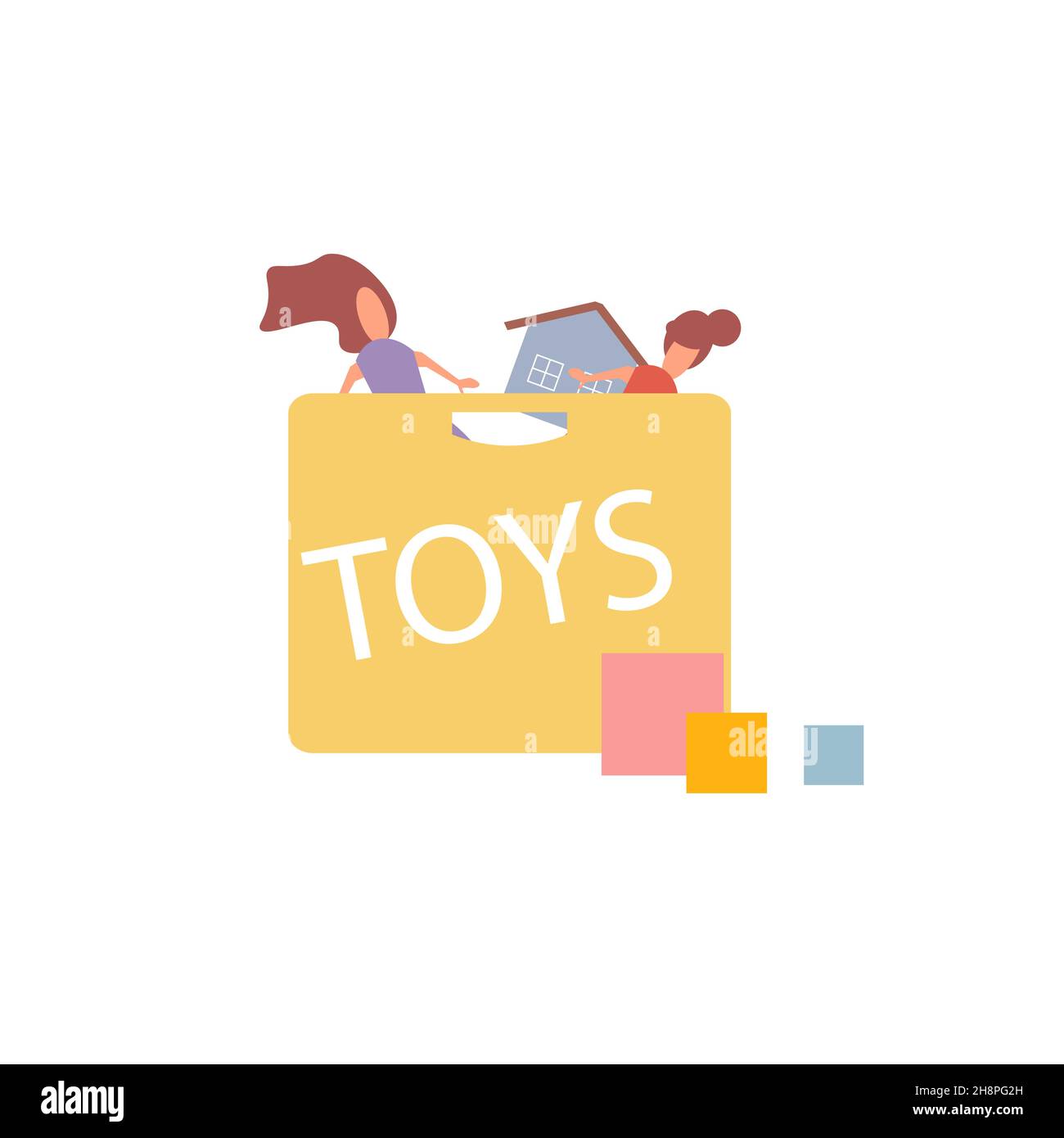Scatola cartoon piatta con giocattoli, famiglia sana e felice infanzia concetto di illustrazione vettoriale Illustrazione Vettoriale
